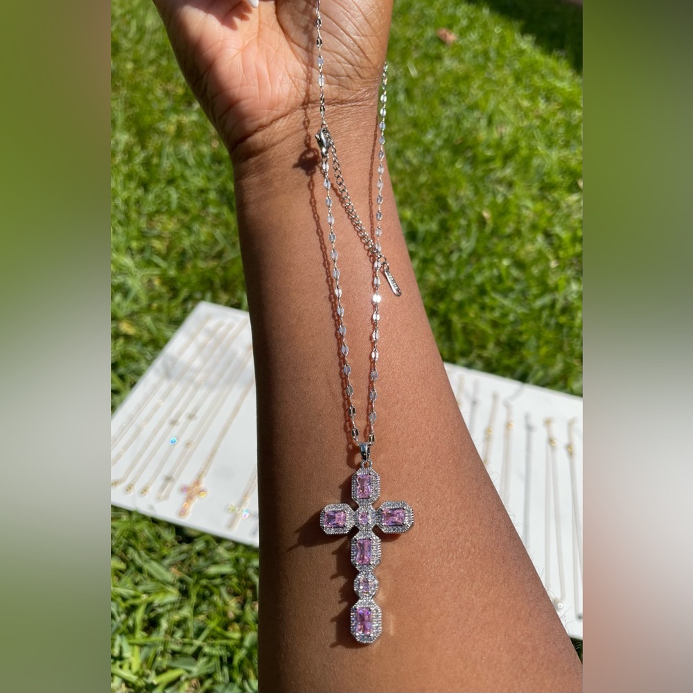 Silver and Pink Cross Pendant Necklace